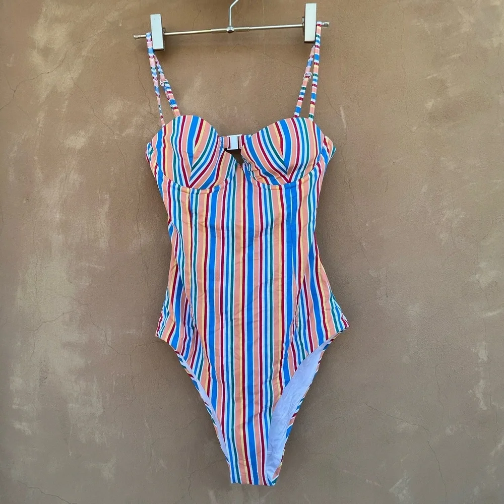 Onia Striped One-Piece Swimsuit in Blue, Red, Orange, Yellow and White